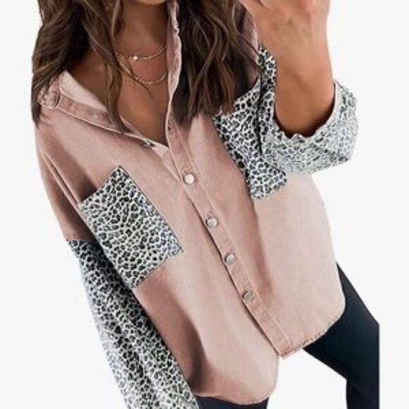 New Button Down Leopard Patch Pink Denim Jacket - Picture 4 of 6